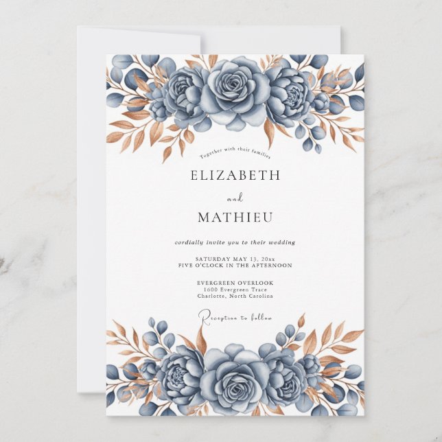 Convite Casamento Botânico em Bronze Azul Aço (Frente)