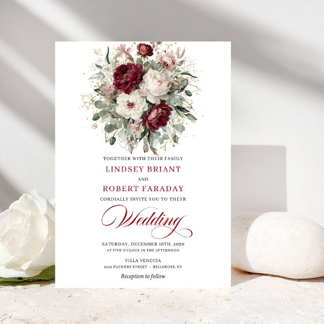 Convite Casamento Botânico em Ouro Branco e Borgonha Elega (Elegant Burgundy White Gold Botanical Wedding Invitation)