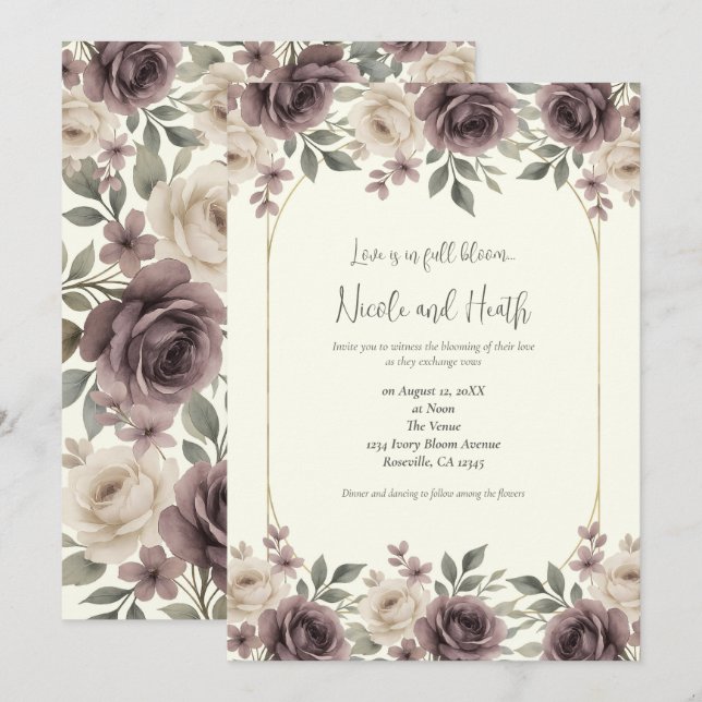 Convite Casamento Botânico em Tons de Bege e Rosa Velho (Frente/Verso)