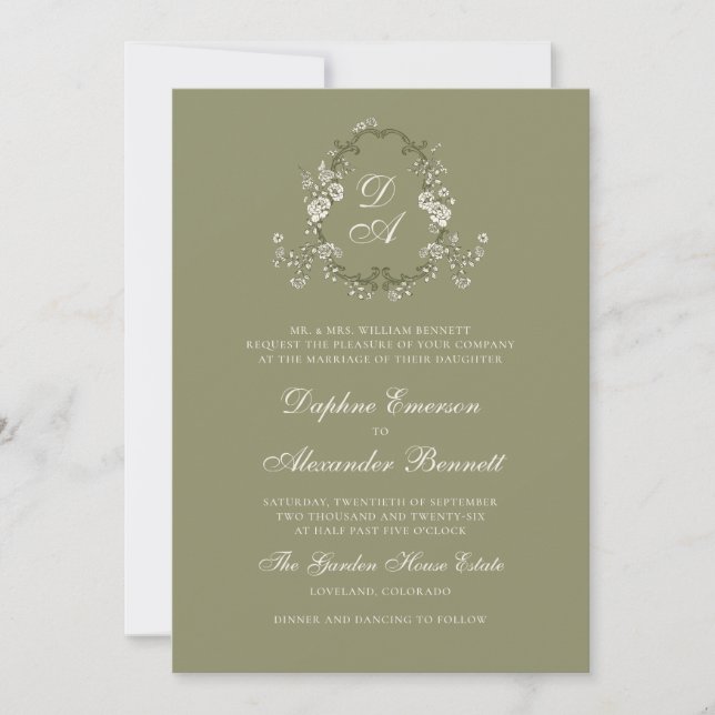 Convite Casamento Botânico em Verde Sage Monogramado (Frente)