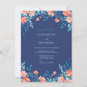Convite Casamento Botânico Encantado Azul Cobalto