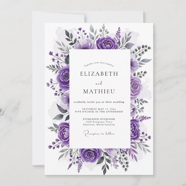 Convite Casamento Botânico Encantado Violeta (Frente)