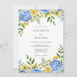Convite Casamento Botânico Encantador Azul Amarelo