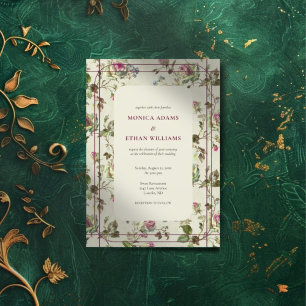 Convite casamento botânico entre rosas de jardim rosa