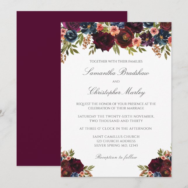 Convite Casamento Botânico Escuro Elegante (Frente/Verso)