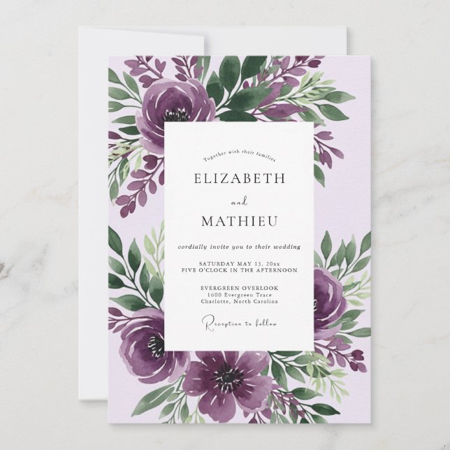 Convite Casamento Botânico Esmagadoramente Roxo (Frente)