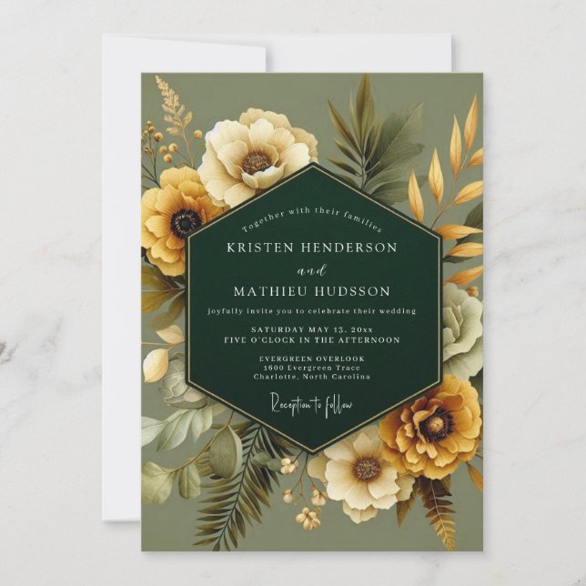 Convite Casamento Botânico Esmeralda Dourada (Frente)
