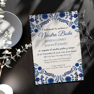 Convite Casamento Botânico Estético Floral Azul Espanhol