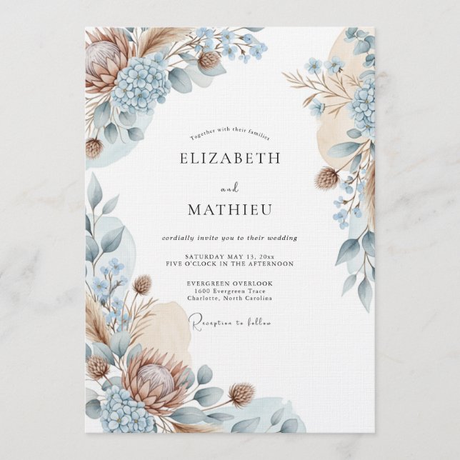 Convite Casamento Botânico Etéreo Azul (Frente)