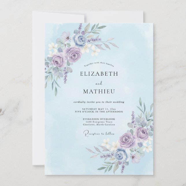 Convite Casamento Botânico Etéreo Azul Claro (Frente)