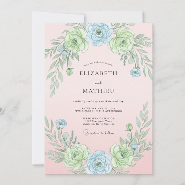 Convite Casamento Botânico Etéreo Azul Pó (Frente)