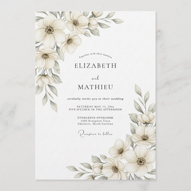 Convite Casamento Botânico Etéreo Creme (Frente)