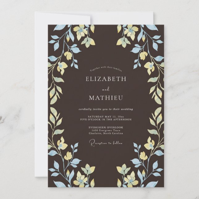 Convite Casamento Botânico Etéreo Marrom Espresso (Frente)