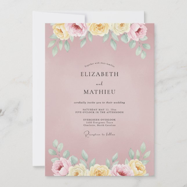 Convite Casamento Botânico Etéreo Rosa Empoeirado (Frente)