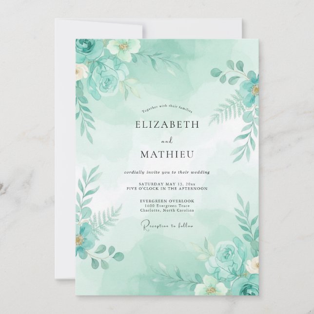 Convite Casamento Botânico Etéreo Verde Espuma do Mar (Frente)