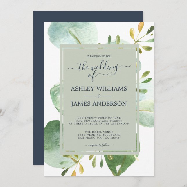 Convite Casamento Botânico Eucalipto Verde Azul Marinho Ch (Frente/Verso)