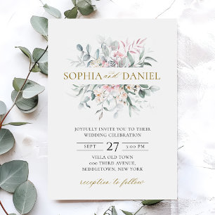 Convite Casamento Botânico Eucalyptus Floral-Blush Cor-de-