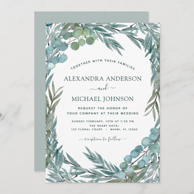 Convite Casamento Botânico Eucalyptus Greenery Watercolor (Frente/Verso)