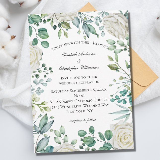 Convite Casamento Botânico Eucalyptus Rosas Florais Branco (Criador carregado)