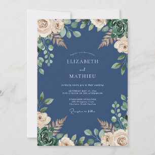 Convite Casamento Botânico Exquisito Azul-Marinho