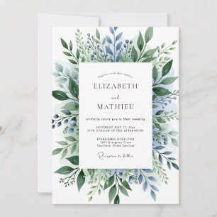 Convite Casamento Botânico Exquisito em Azul Empoeirado