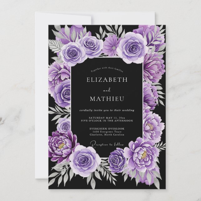 Convite Casamento Botânico Exquisito Roxo (Frente)