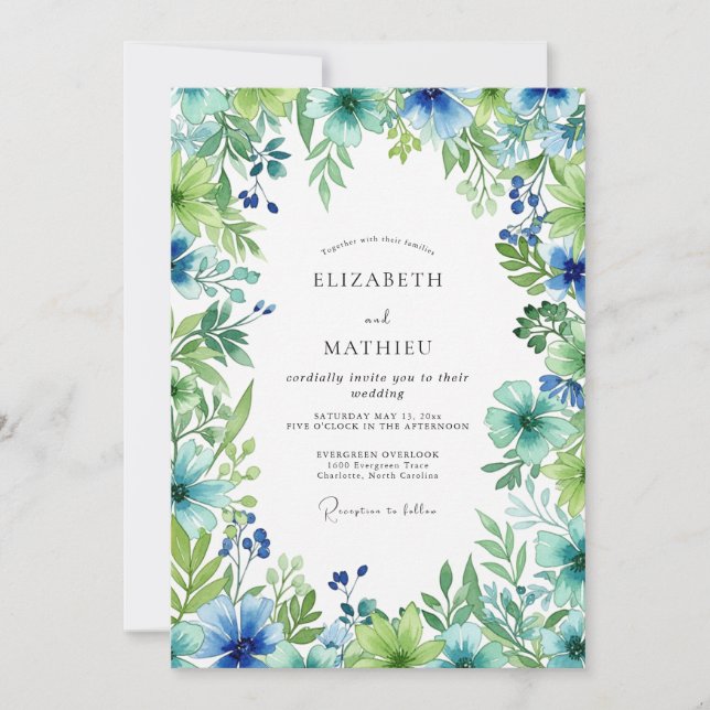 Convite Casamento Botânico Exuberante Azul Céu (Frente)