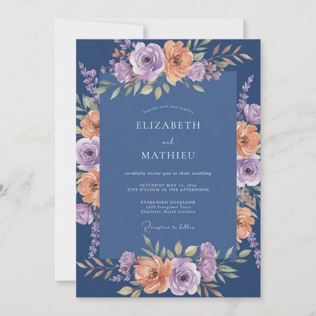Convite Casamento Botânico Exuberante Azul Marinho (Frente)
