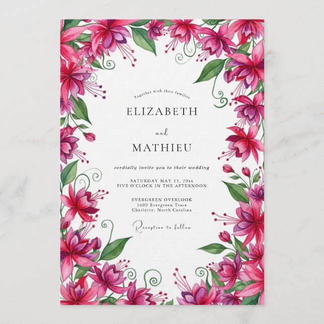 Convite Casamento Botânico Exuberante Fuchsia (Frente)