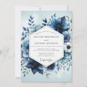 Convite Casamento Botânico Fantasia Azul Profundo