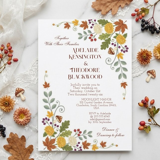 Convite Casamento Botânico Flora Outono Romântico Bliss (Romantic Fall Autumn Bliss Botanical Flora Wedding Invitation)