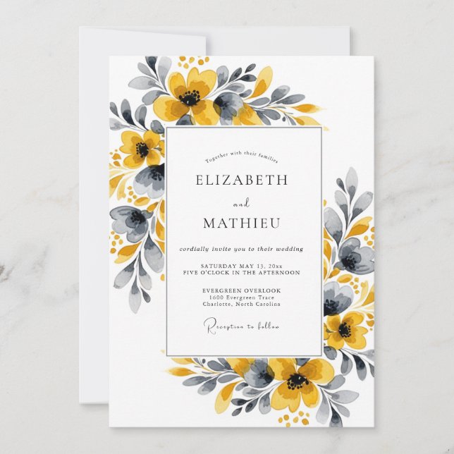 Convite Casamento Botânico Floral Amarelo Mostarda (Frente)