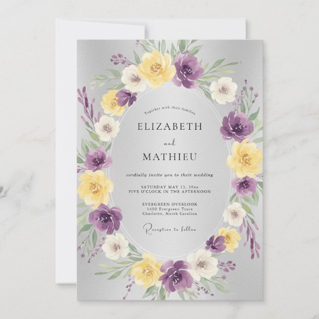 Convite Casamento Botânico Floral Amarelo Roxo (Frente)