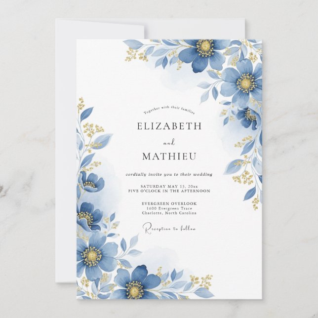 Convite Casamento Botânico Floral Azul (Frente)