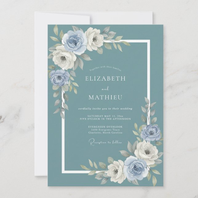 Convite Casamento Botânico Floral Azul Ardósia (Frente)