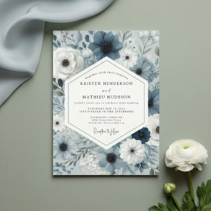 Convite Casamento Botânico Floral Azul Ardósia