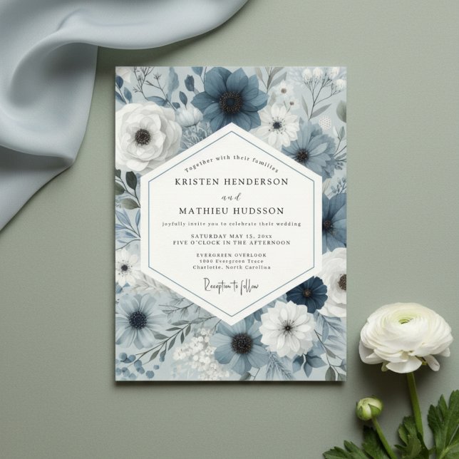 Convite Casamento Botânico Floral Azul Ardósia (Criador carregado)