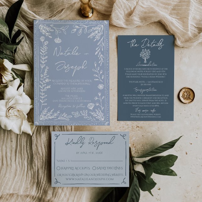 Convite Casamento Botânico Floral Azul Boho Moderno (Criador carregado)