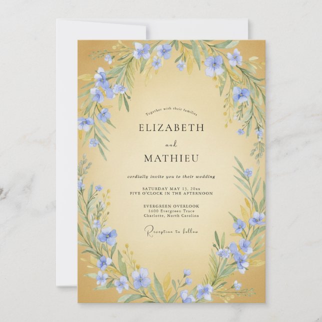 Convite Casamento Botânico Floral Azul Céu (Frente)