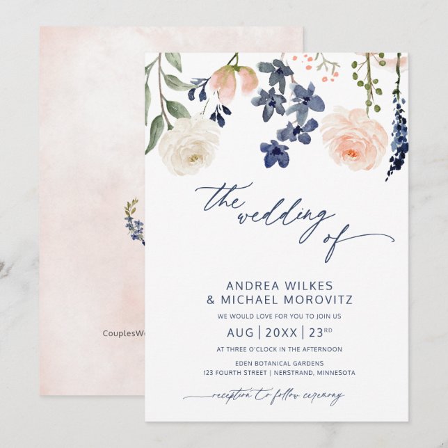 Convite Casamento Botânico Floral Azul e Pêssego (Frente/Verso)