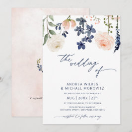 Convite Casamento Botânico Floral Azul e Pêssego
