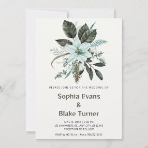 Convite Casamento Botânico Floral Azul e Verde em Branco