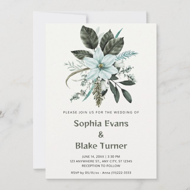 Convite Casamento Botânico Floral Azul e Verde em Branco (Frente)