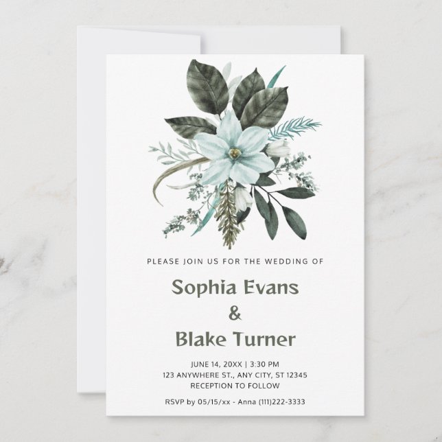 Convite Casamento Botânico Floral Azul e Verde em Branco (Frente)