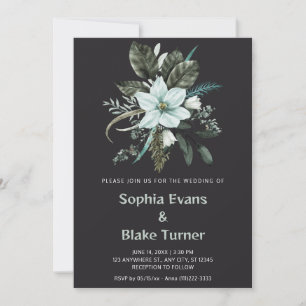 Convite Casamento Botânico Floral Azul e Verde em Carvão