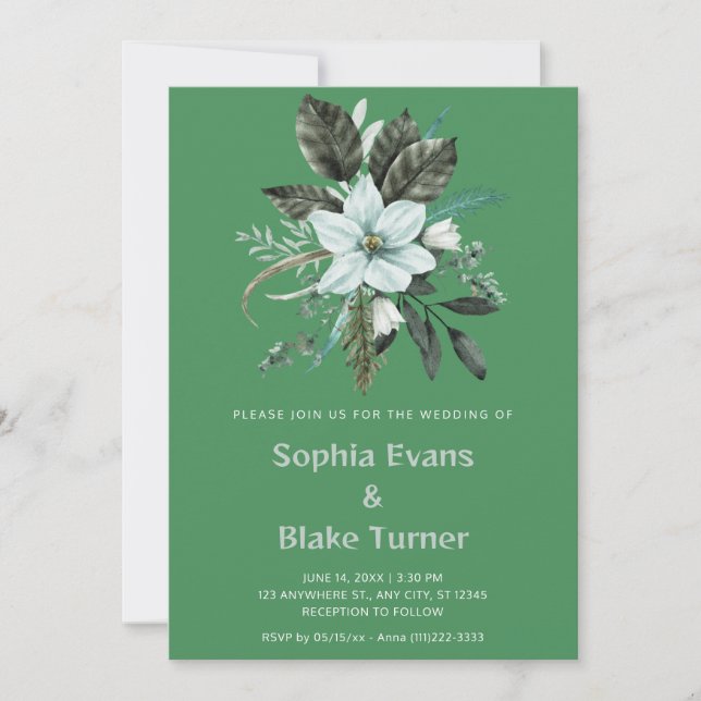Convite Casamento Botânico Floral Azul e Verde Escuro (Frente)