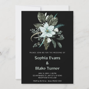 Convite Casamento Botânico Floral Azul e Verde Preto