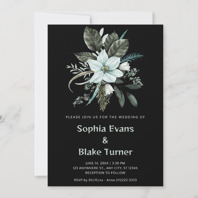 Convite Casamento Botânico Floral Azul e Verde Preto (Frente)