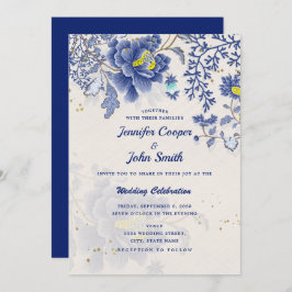 Convite Casamento Botânico Floral Azul Elegante