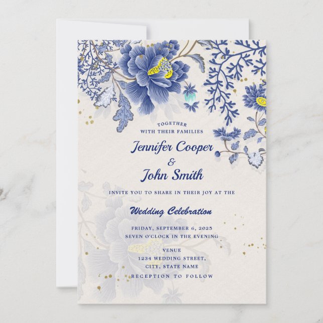 Convite Casamento Botânico Floral Azul Elegante I (Frente)